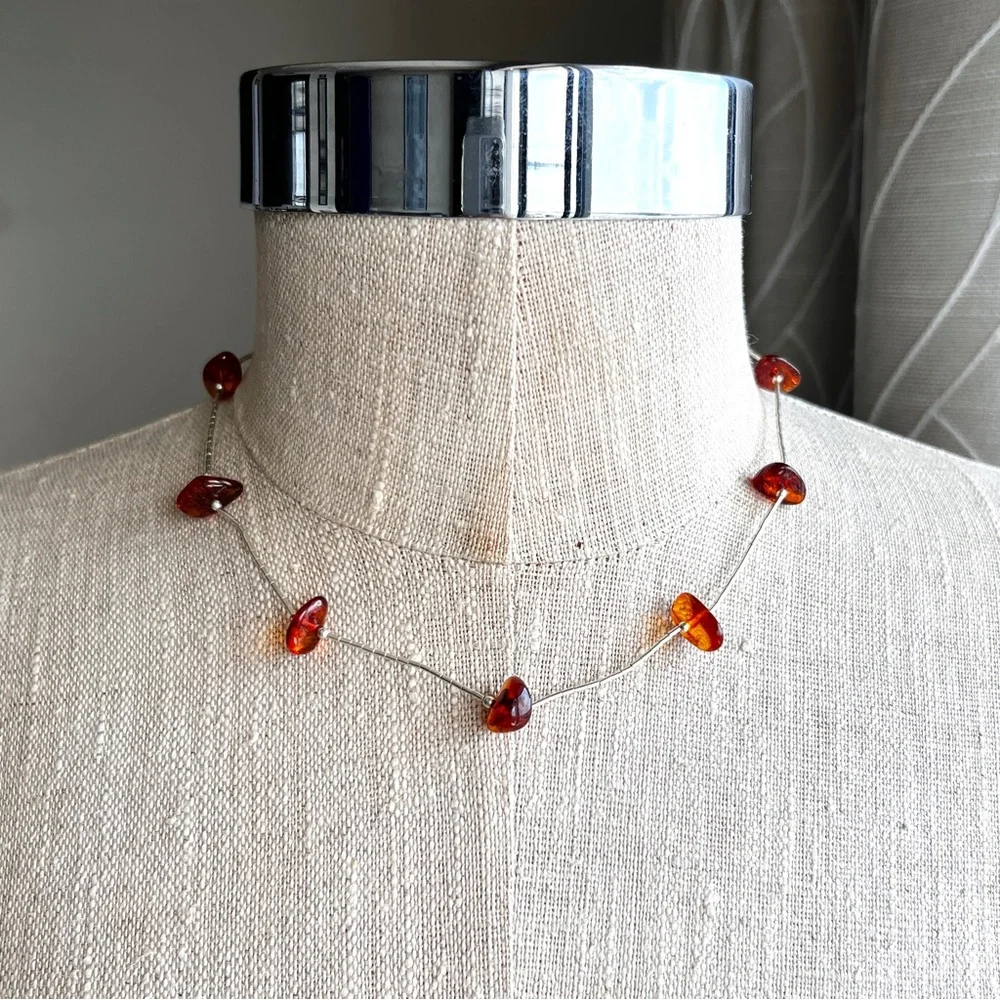 Vintage AMBER & STERLING SILVER Southwestern Necklace • Bohemian Retro Western